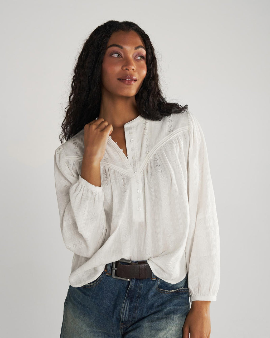 Front view of Women's L/S Woven Blouse - White on model