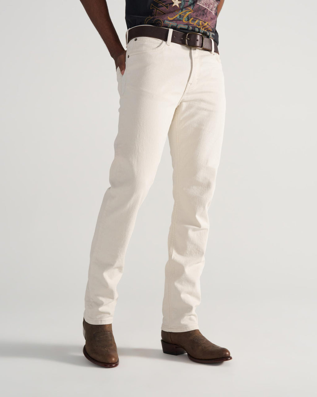 Front view of Men's Slim Stretch Twill - Light Sand on model