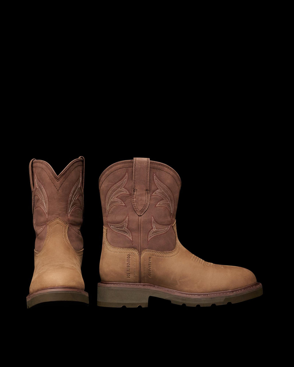 Pair view of The LH WP Round Comp Toe Work Boot - Tan / Cafe Cowhide on plain background