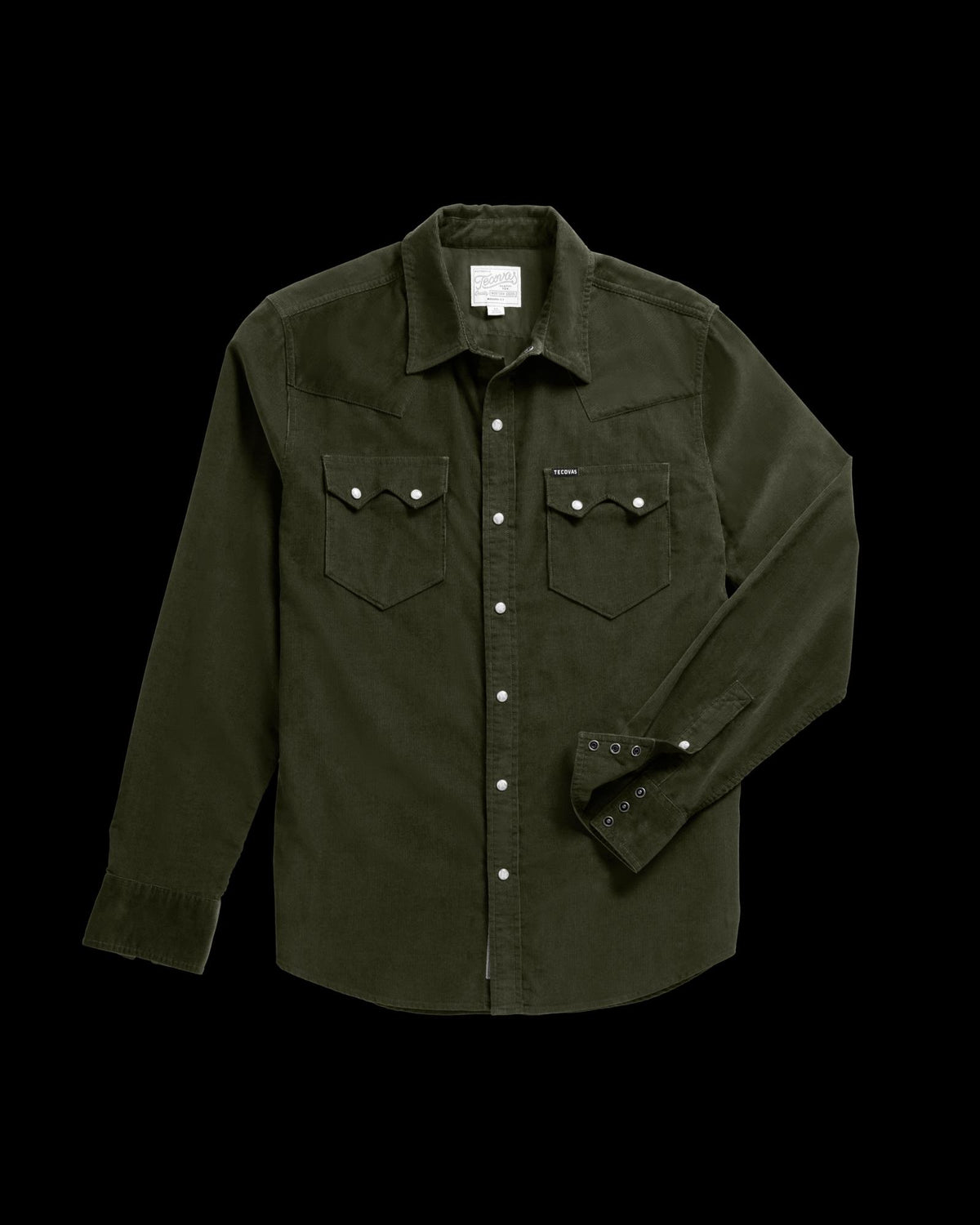 Closeup detail view of Men's Texas Weight Corduroy Pearl Snap LS - Pine
