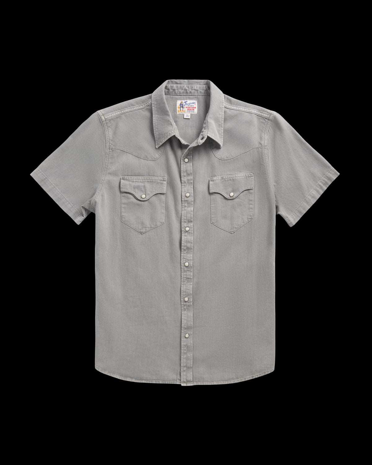 Closeup detail view of Men's Denim Short Sleeve Pearl Snap - Light Gray