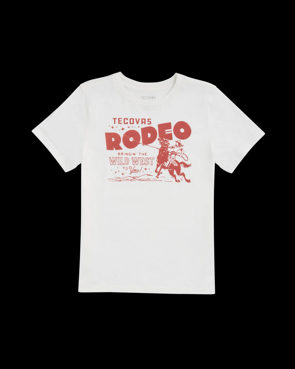 White T-shirt featuring red text that reads "Tecovas Rodeo Bringing the Wild West to You!" and an illustration of a bucking horse with a rider.
