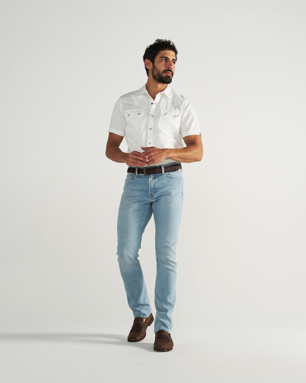 Full view of Men's Slim Stretch Denim - Light Stone Wash on model