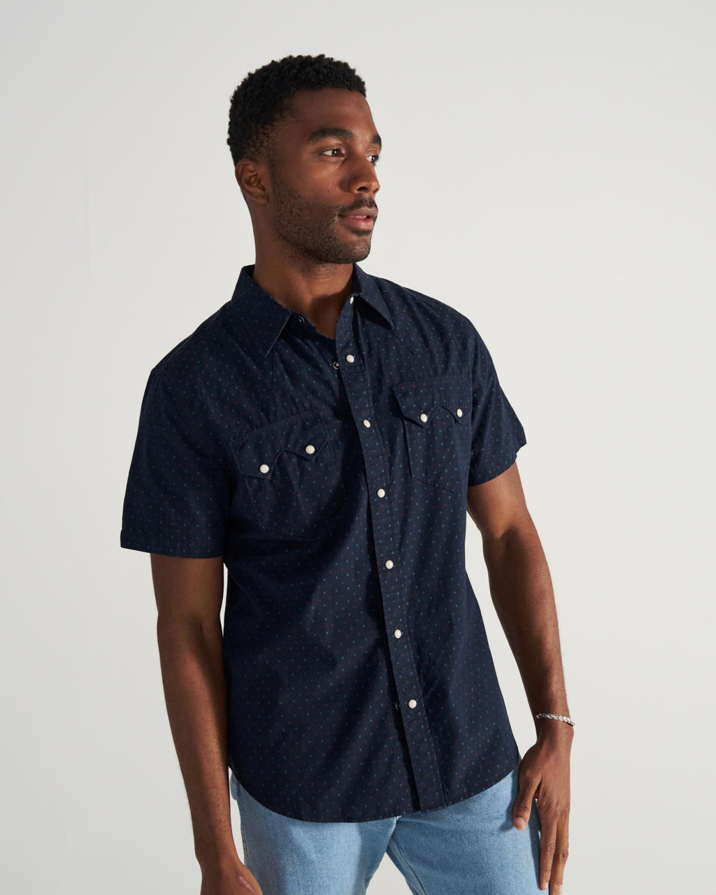 Closeup detail view of Men's Star Stitch Pearl Snap - Navy