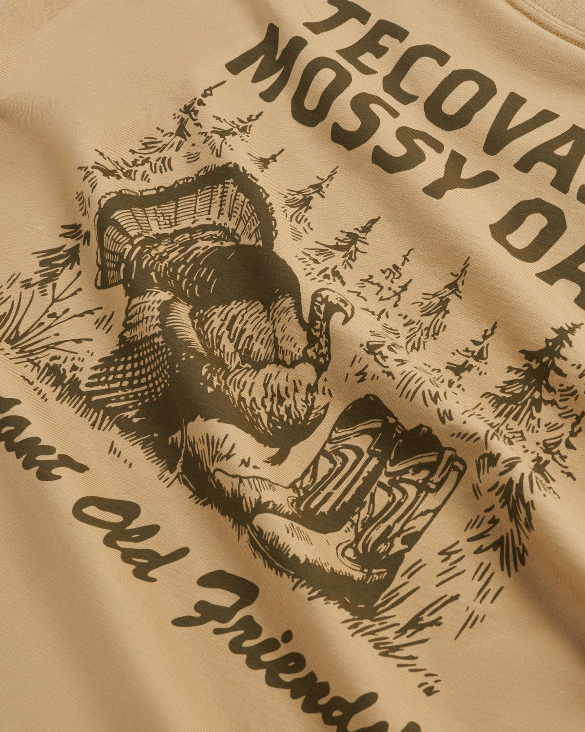 Closeup view of Men's Tecovas x Mossy Oak Turkey &amp; Boots T-Shirt - Khaki/Olive