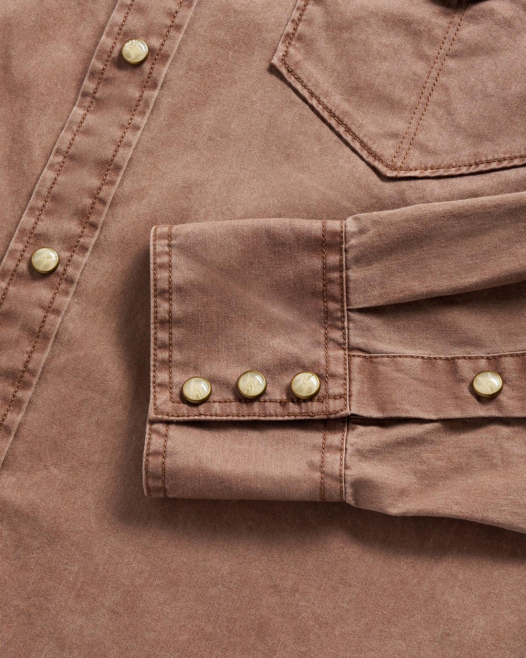 Closeup detail view of Men's Thorn Stopper Pearl Snap LS - Brown