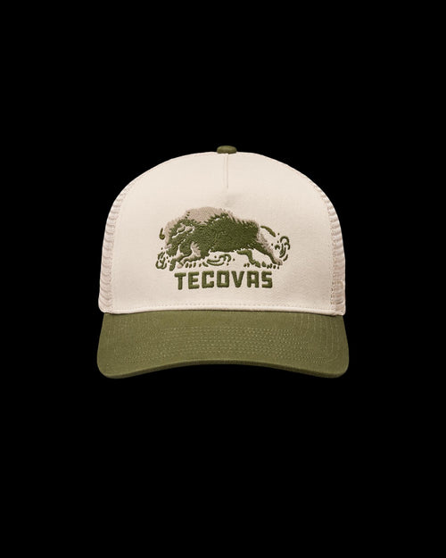 Front view of Bison Trucker - Cream/Moss on plain background