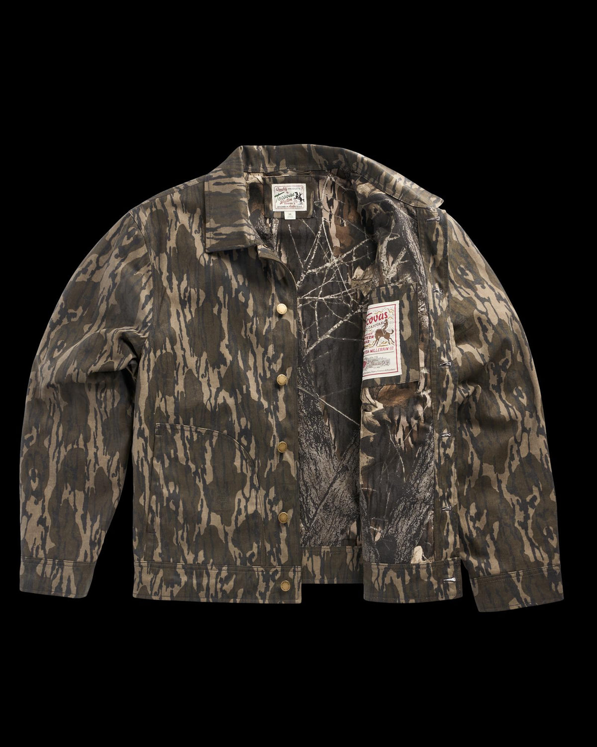 Front view of Men's Tecovas x Mossy Oak Waxed Ranch Jacket - Original Bottomland on plain background