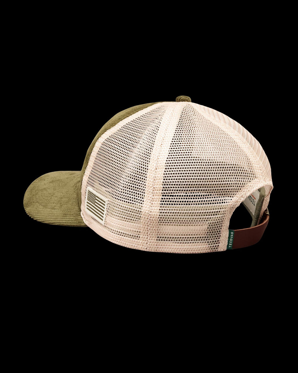 Quarterback view of Corduroy Tecovas American Trucker - Olive on plain background