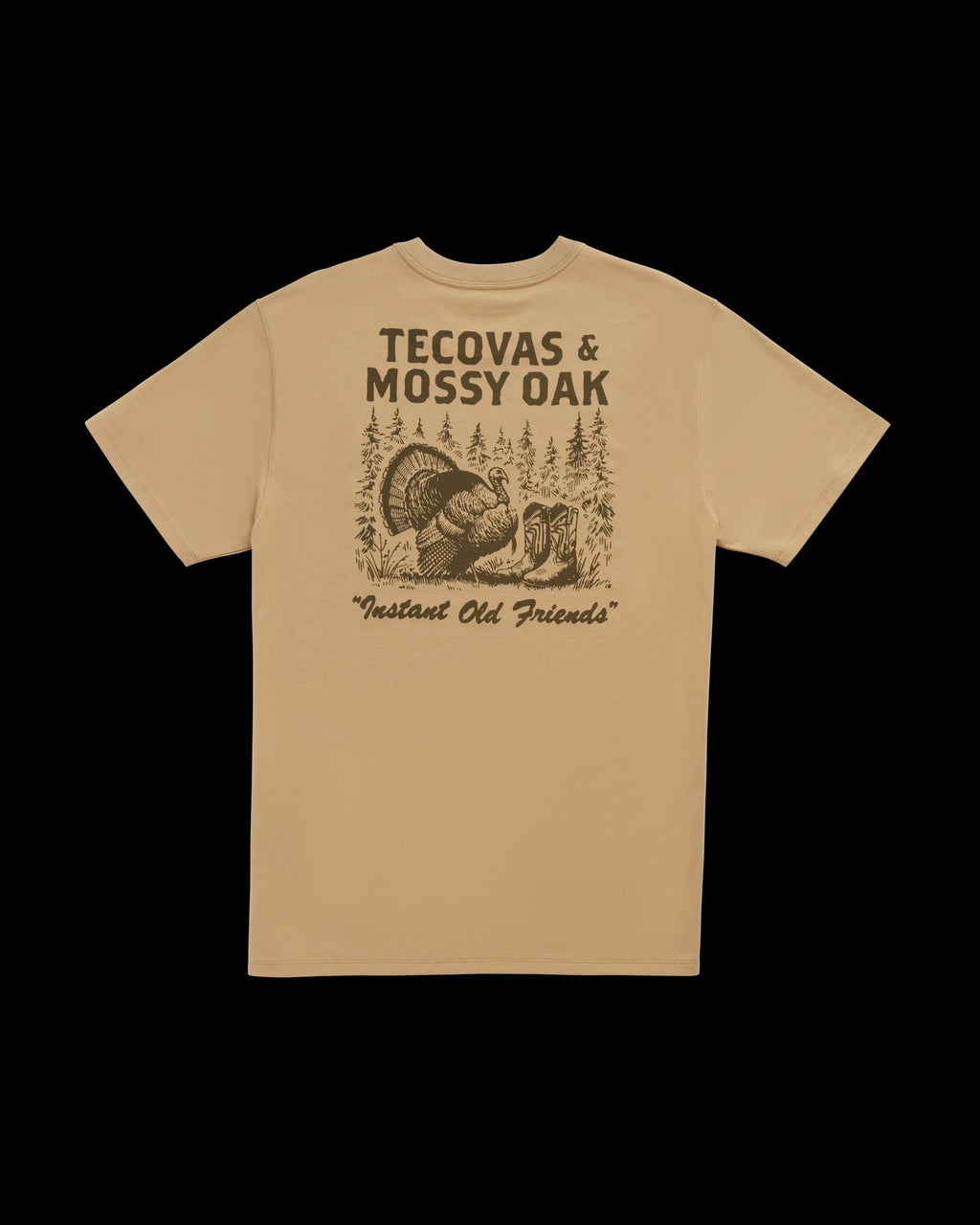 Back view of Men's Tecovas x Mossy Oak Turkey &amp; Boots T-Shirt - Khaki/Olive on plain background