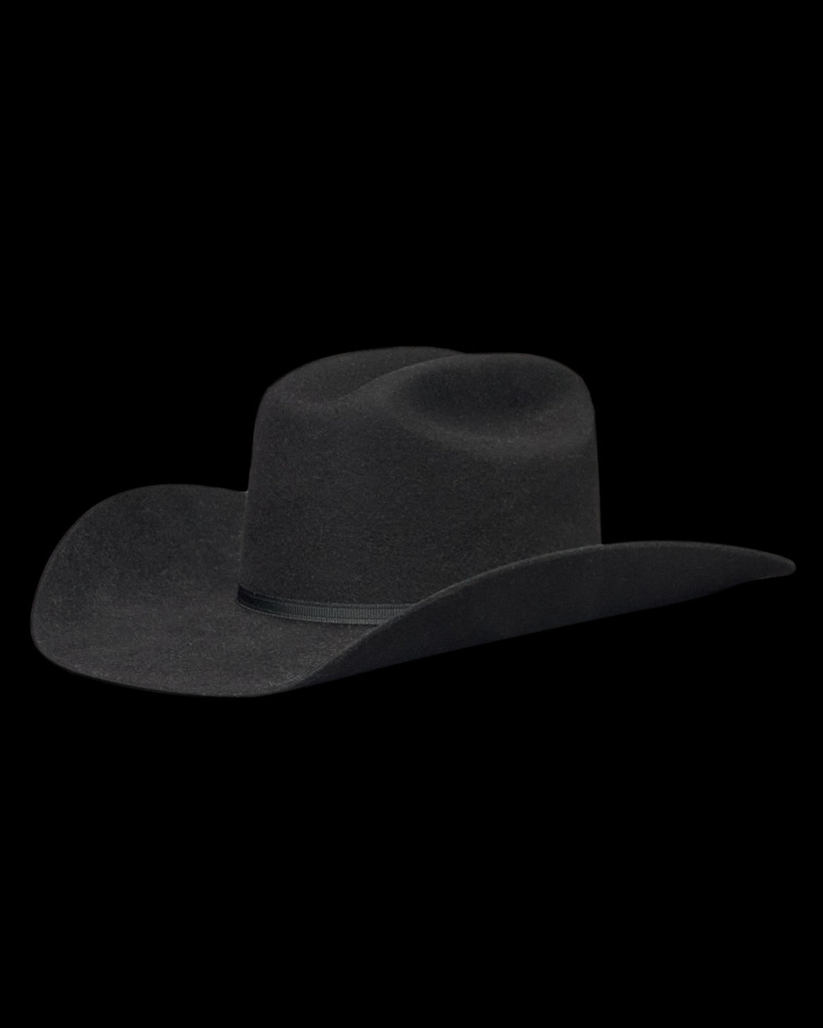 Wide-brimmed black cowboy hat made of felt, with a creased crown and a black hatband, shown against a plain white background.