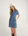 Closeup detail view of Women's Short Sleeve Mini Pearl Snap Dress - Blue Bandana