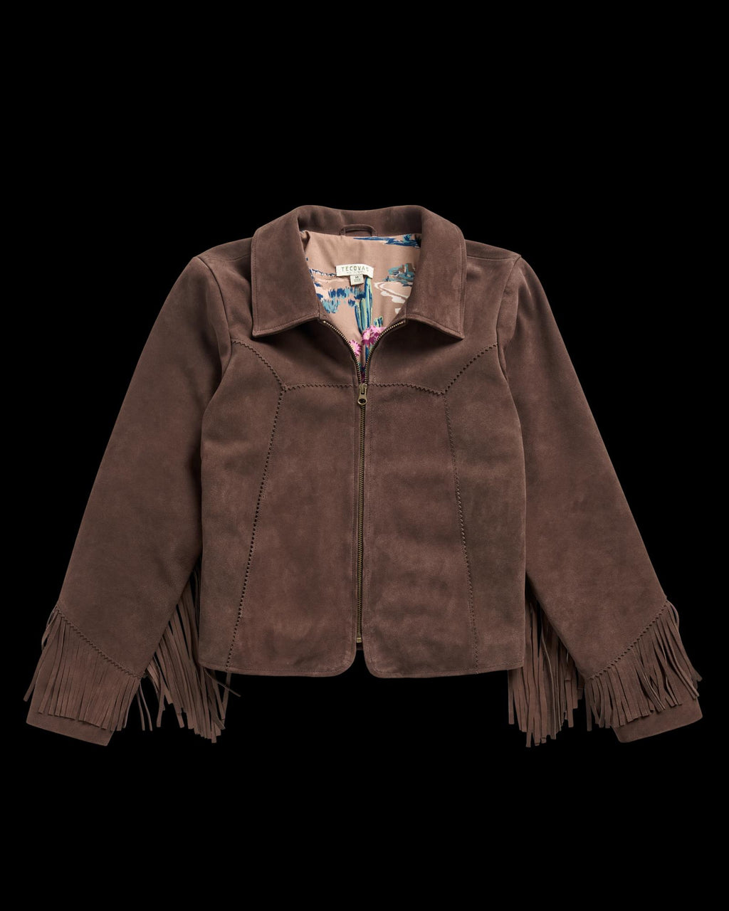Closeup detail view of Women's Suede Fringe Jacket - Chocolate Brown