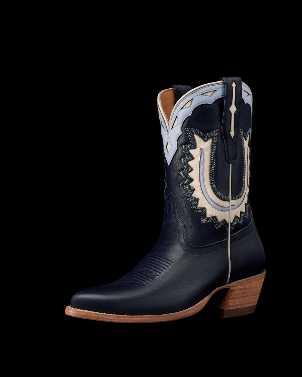 Quarterfront view of The Jolene - Atlantic Blue/Chambray Cowhide on plain background