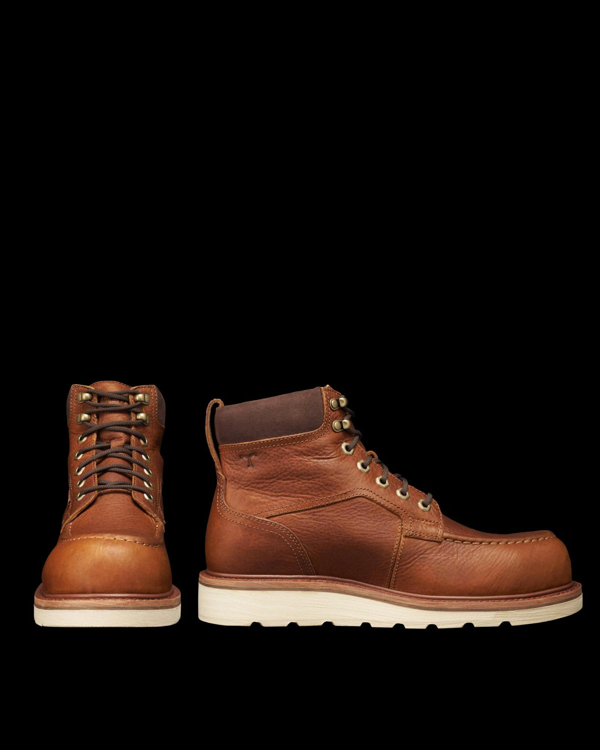 Pair view of The LH WP Moc Comp Toe Work Boot - Saddle Cowhide on plain background