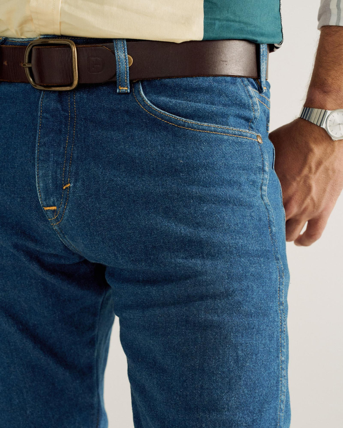 Closeup detail view of Men's Modern Bootcut Heritage Denim - Medium Blue