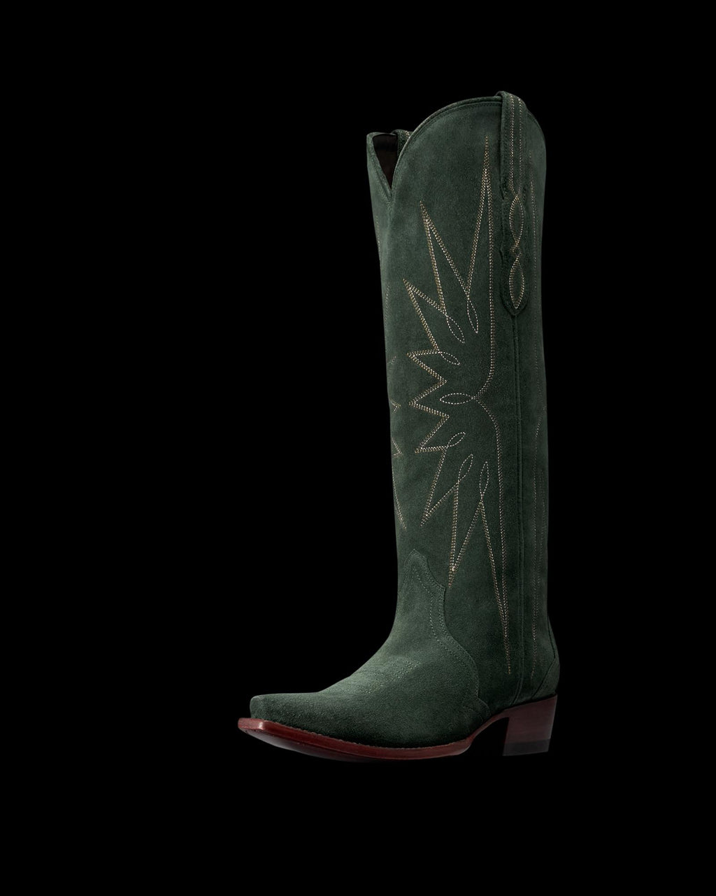 Quarterfront view of The Loretta - Hunter Green Suede on plain background