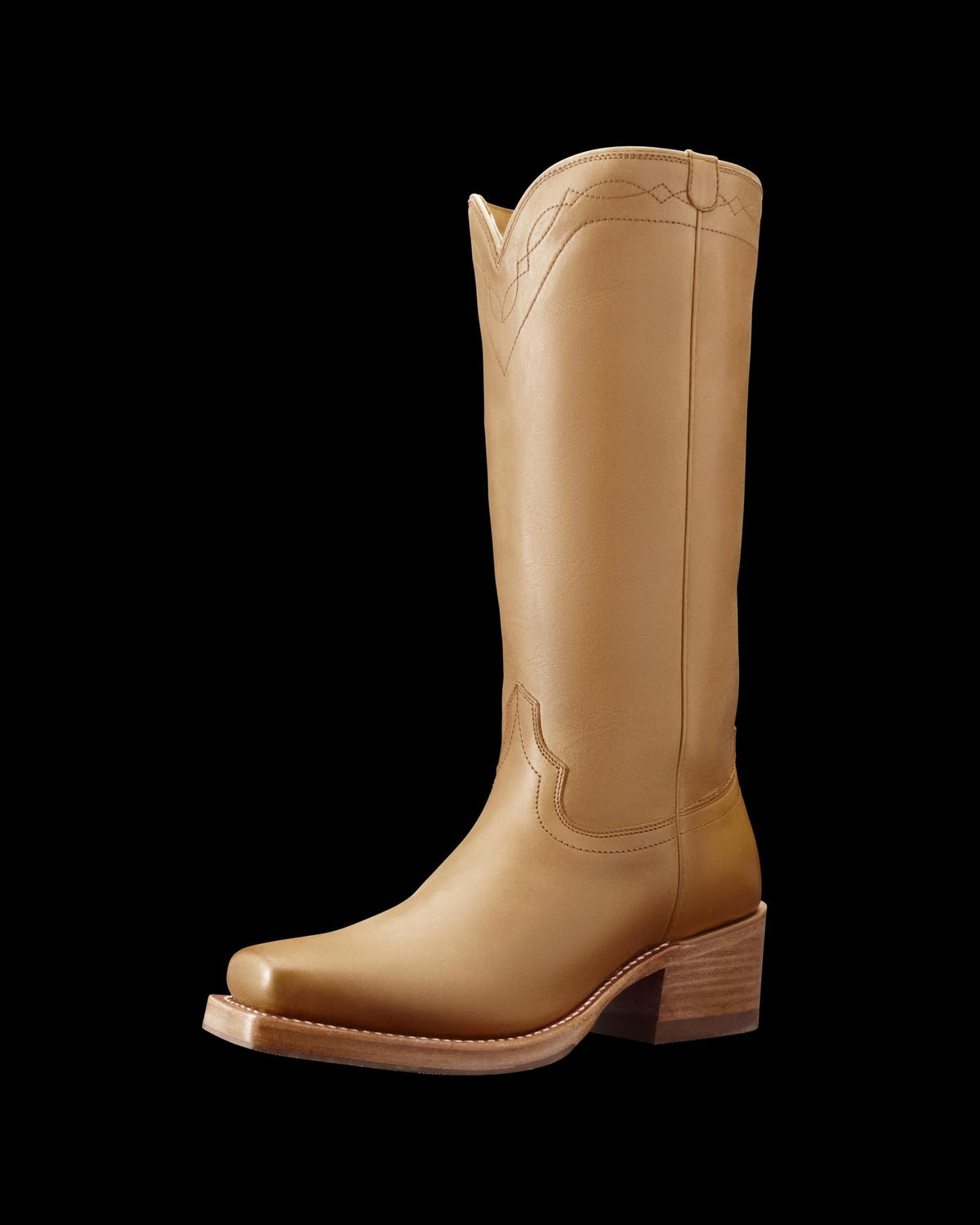 Quarterfront view of The Charlie Wide Calf - Camel Cowhide on plain background