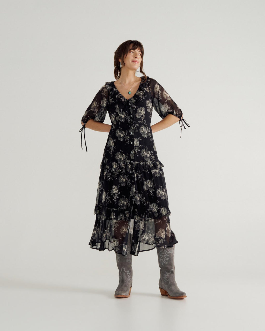 Full view of Women's Elbow-Length Maxi Dress - Black / White on model