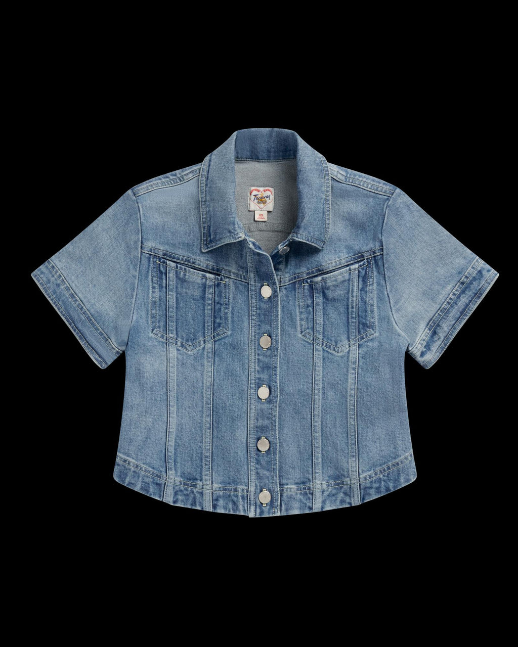 Top view of Women's Short Sleeve Denim Top - Light Wash on plain background