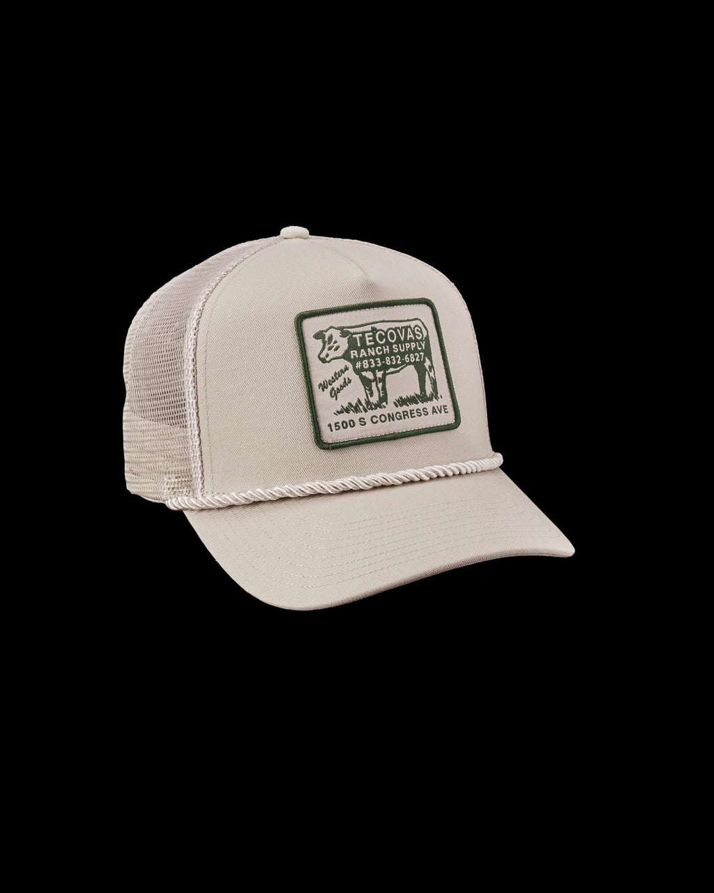 Quarterfront view of Soco Patch Five-Panel Trucker II - Cream on plain background