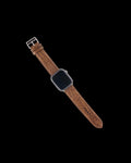 A smartwatch with a blank screen and a brown leather strap is displayed on a white background.