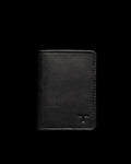 A black leather wallet with a small embossed logo on the lower right corner against a plain dark background.