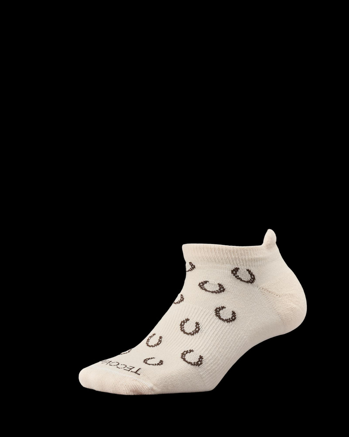 Beige ankle sock with a black horseshoe pattern, displayed on a white background.