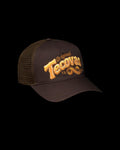 Quarterfront view of Original Tecovas 5 Panel Low Pro Trucker - Dark Brown on plain background