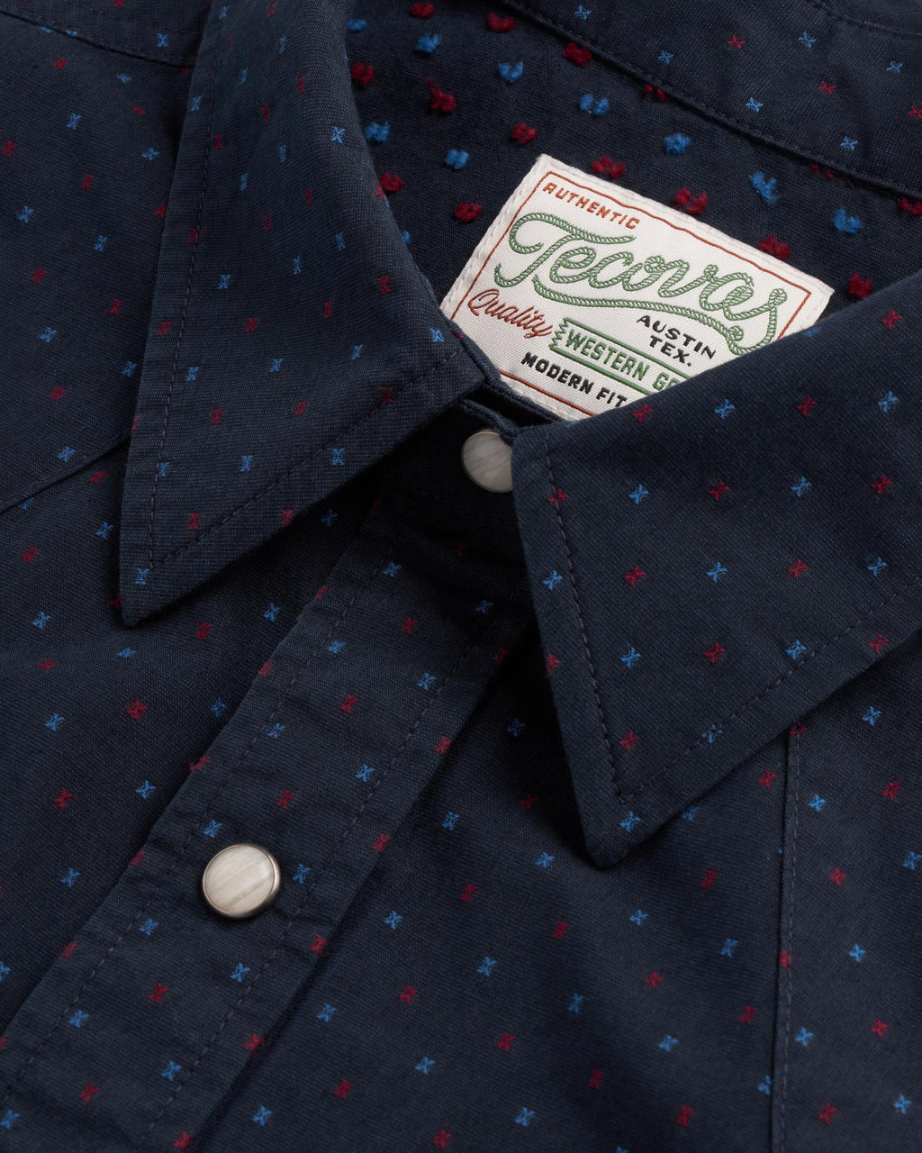 Closeup detail view of Men's Star Stitch Pearl Snap - Navy