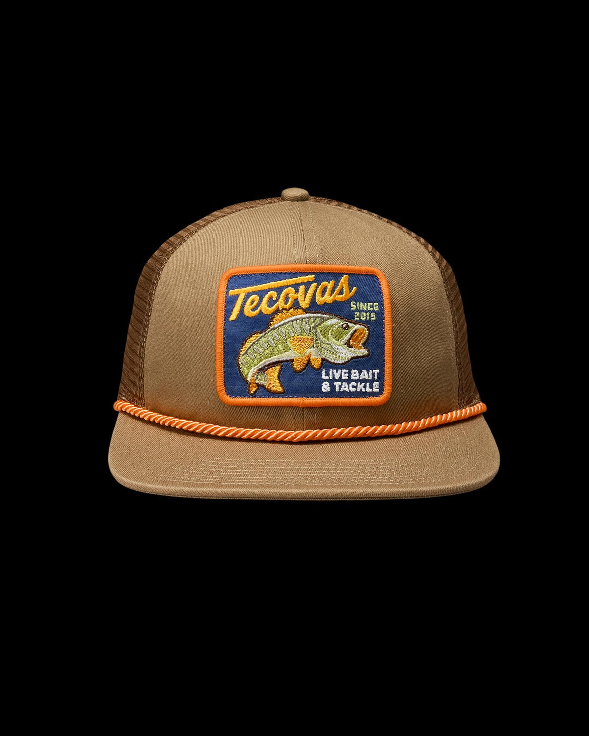 Front view of Live Bait and Tackle Flat Brim Trucker - Moss Brown on plain background