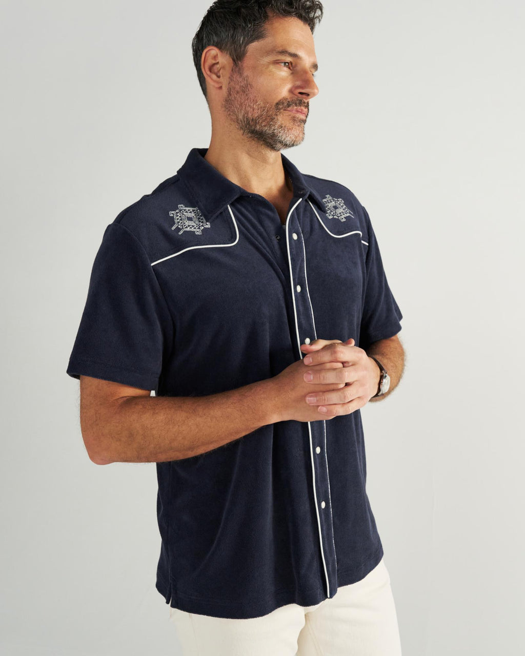 Closeup detail view of Men's Terry Pearl Snap - Navy