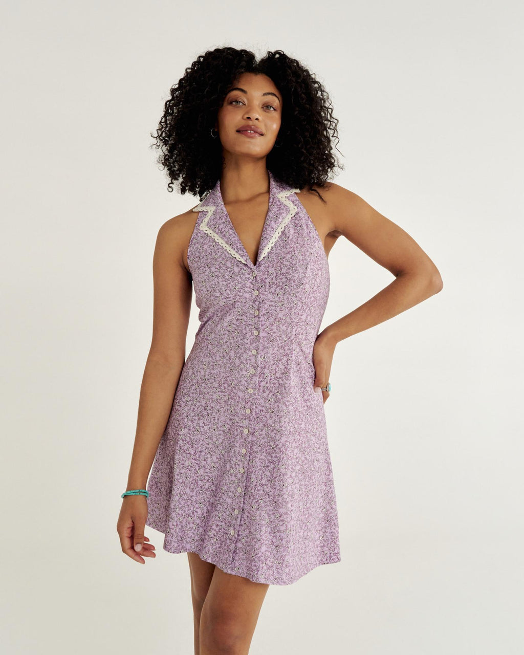 Front view of Women's Sleeveless Collared Mini Dress - Purple on model