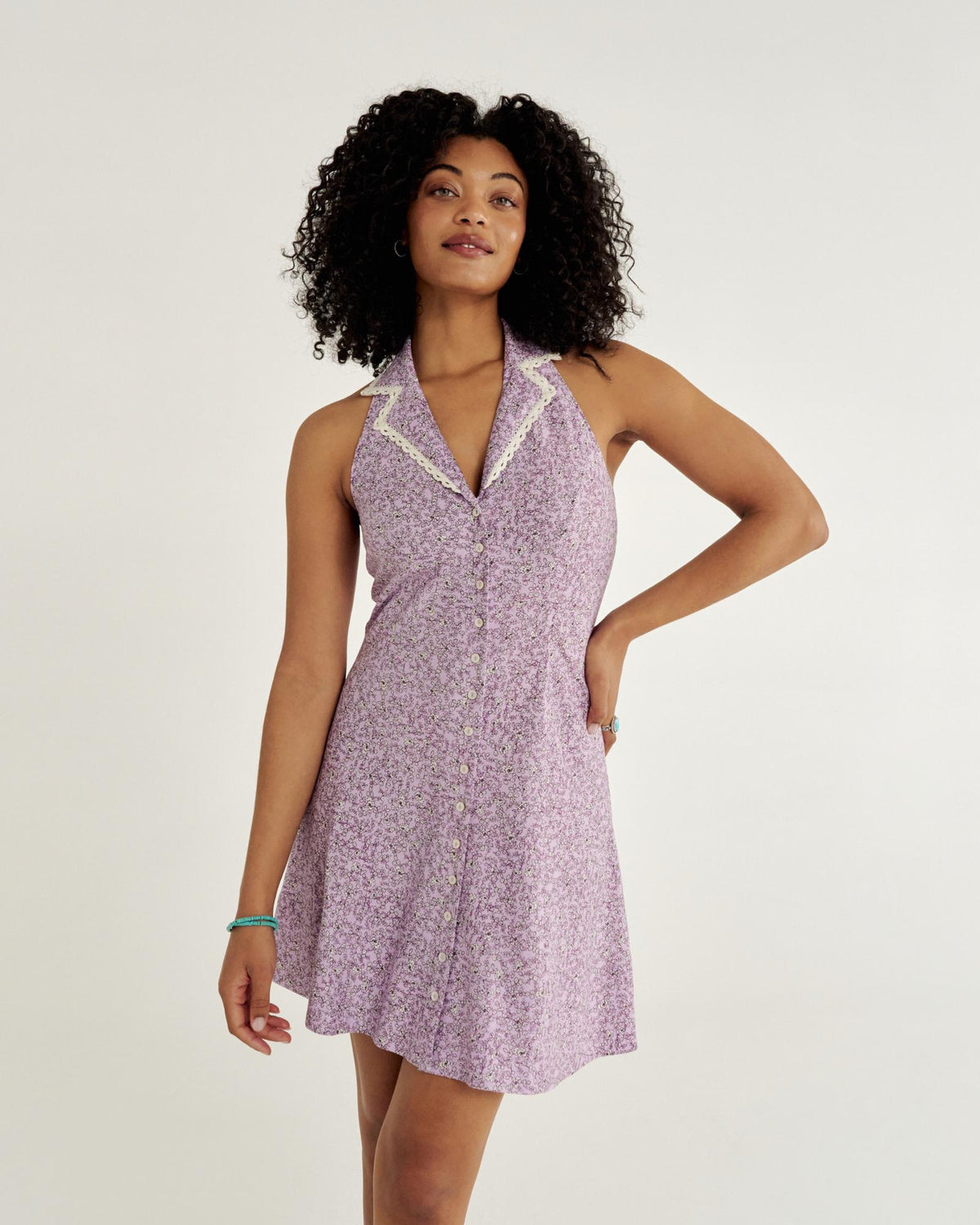Front view of Women's Sleeveless Collared Mini Dress - Purple on model