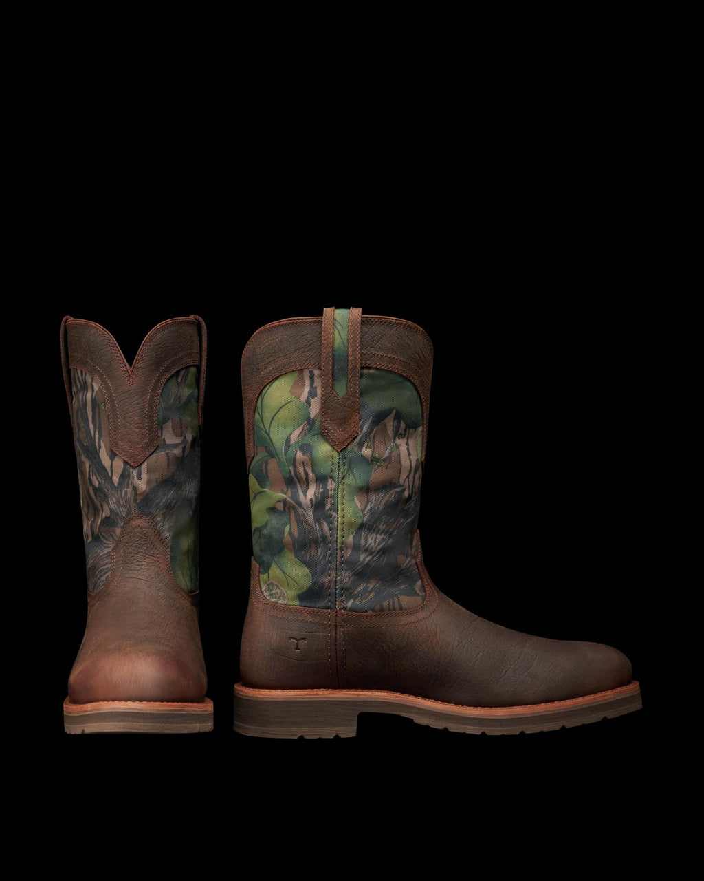 Pair view of Tecovas x Mossy Oak Rugged Roper - Full Foliage Cowhide on plain background