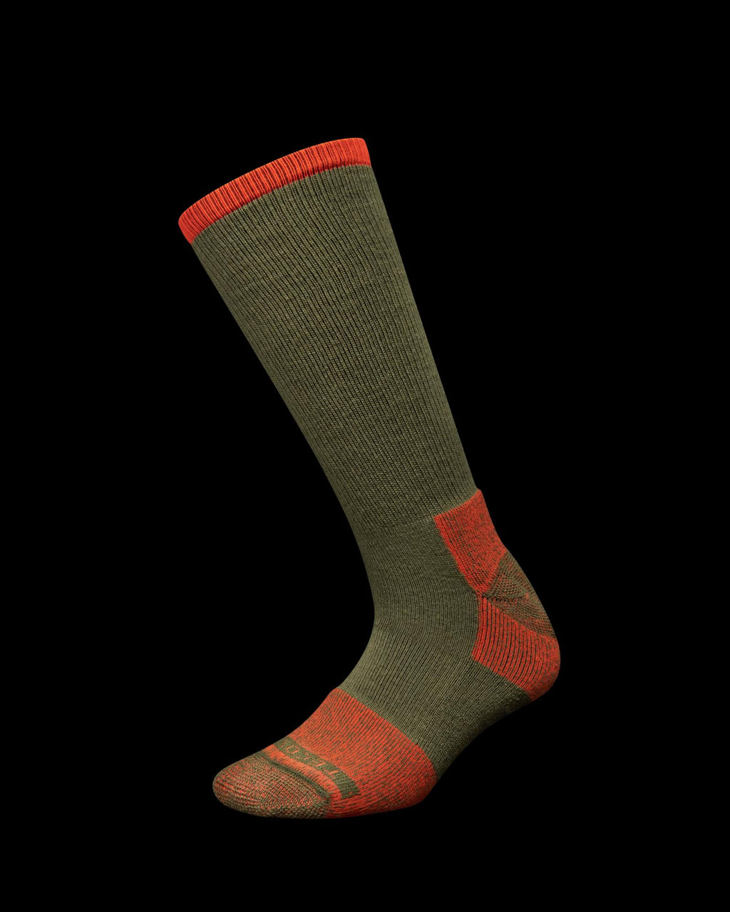 A single knee-high sock in olive green with red accents on the toe, heel, and cuff, displayed on a black background.