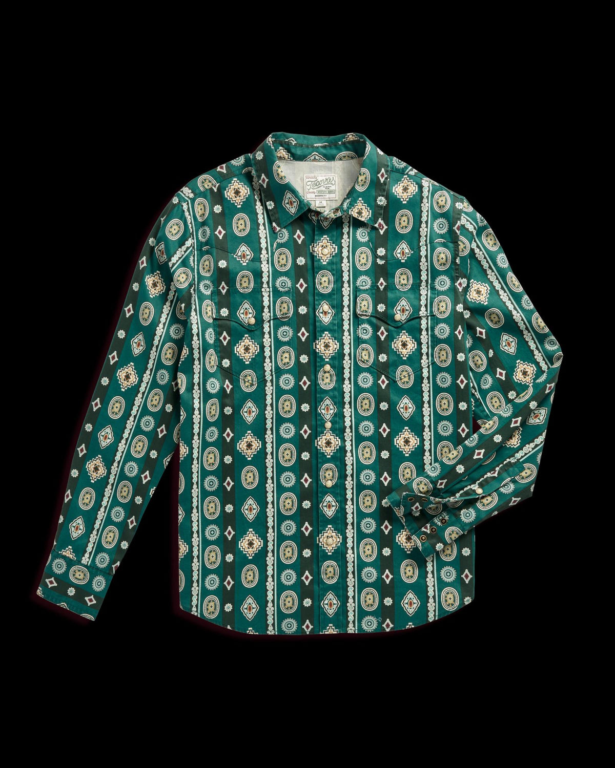 Closeup detail view of Men's Thorn Stopper Pearl Snap LS - Green Heron / Multi