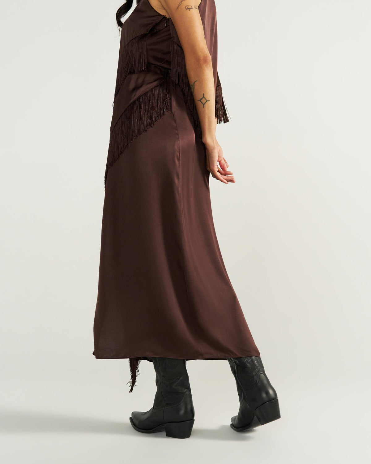 Closeup detail view of Women's Fringe Midi Skirt - Espresso