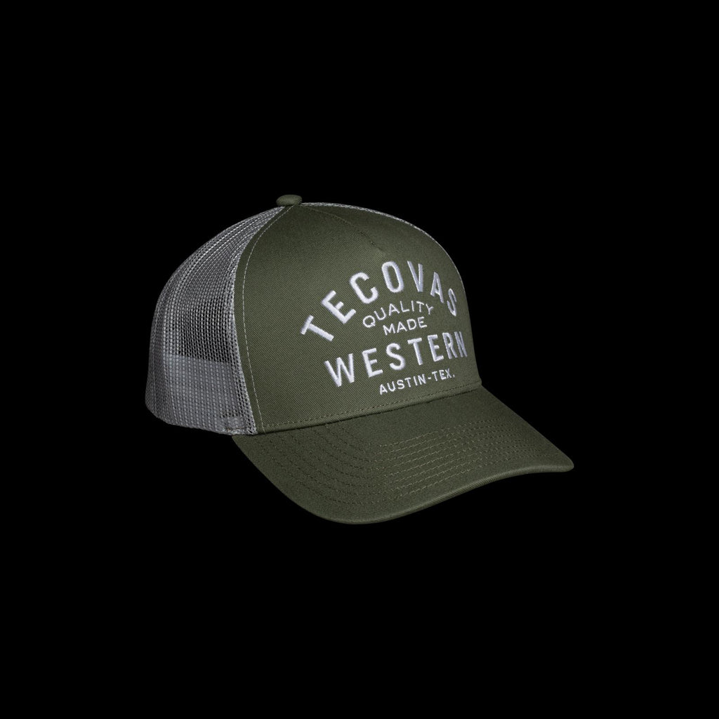 quarterfront image of the olive trucker hat against a white background