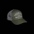 quarterfront image of the olive trucker hat against a white background