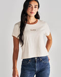 Front view of Women's Vintage Ringer Tee - Cream/Tan on model