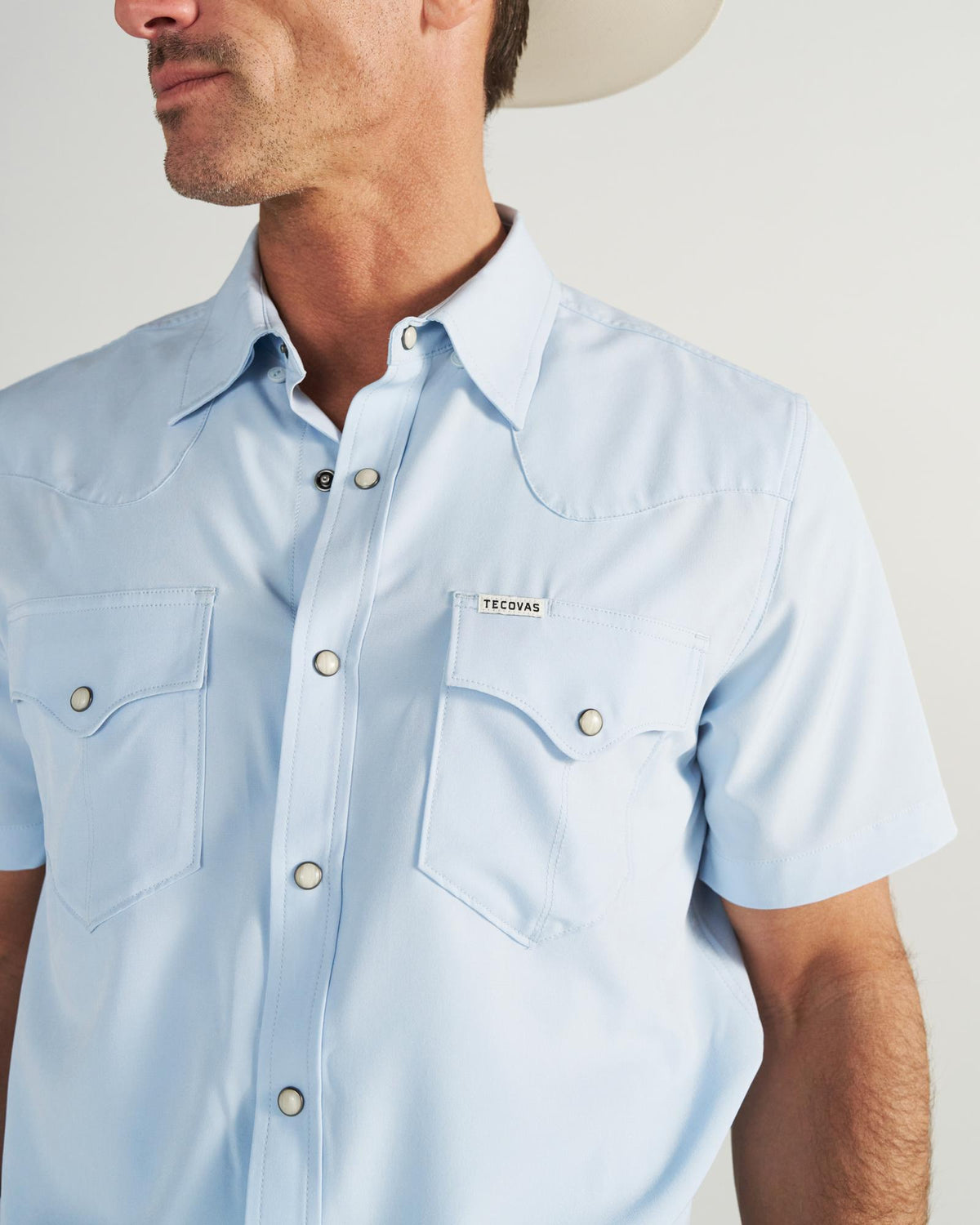 Closeup detail view of Men's Performance Western Pearl Snap SS - Sky