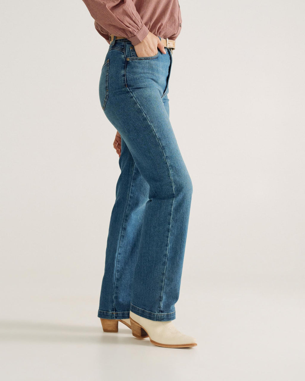 Front view of Women's Vintage High Rise Jean - Medium Wash  on model