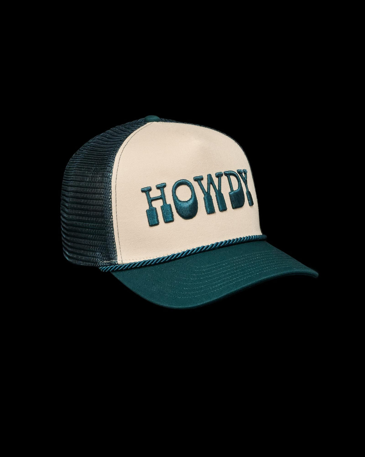 Quarterfront view of Howdy Trucker - White/Dark Teal on plain background