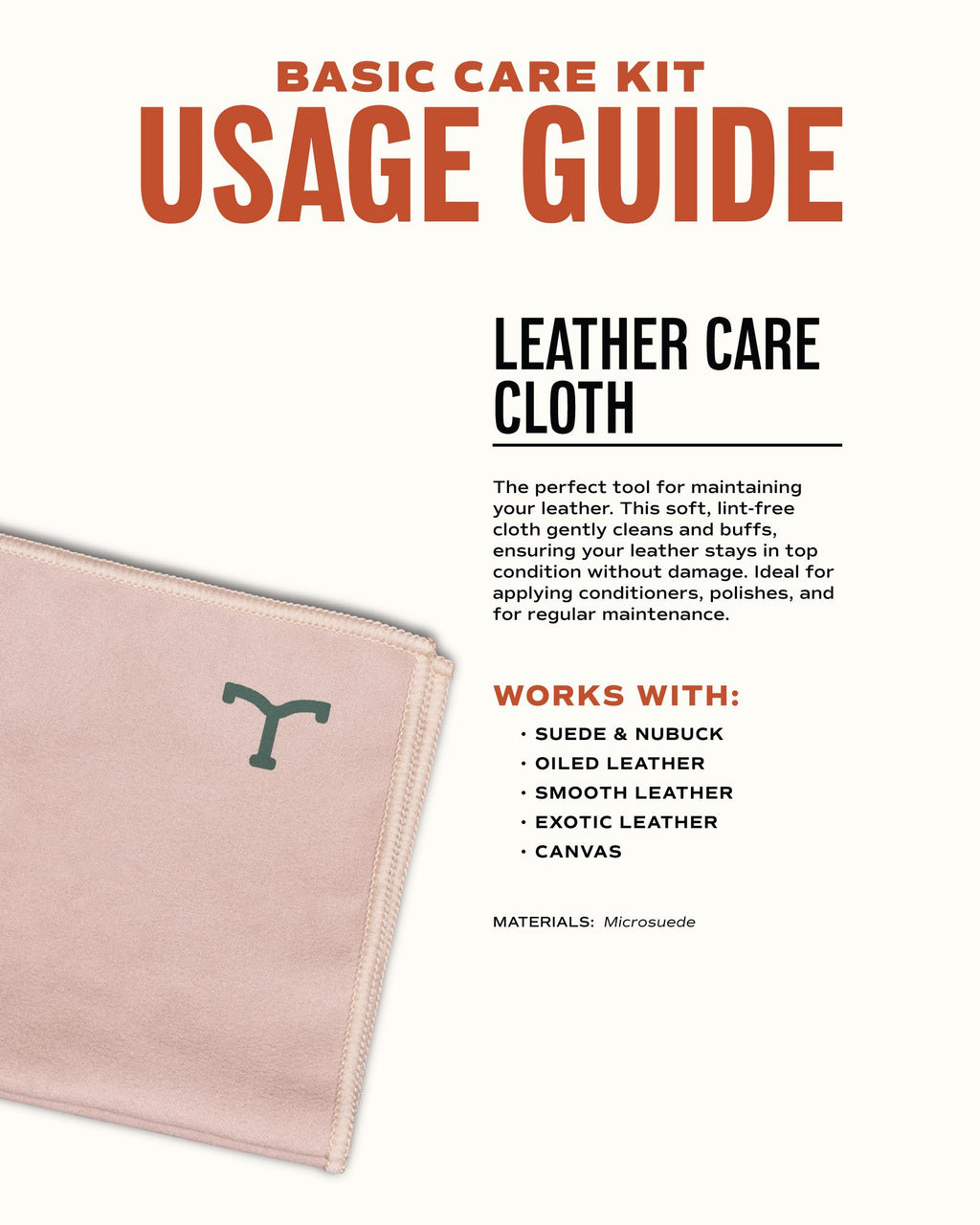 A folded pale leather care cloth with stitched edges is shown beside text that outlines its uses and suitable materials such as suede, nubuck, oiled leather, smooth leather, and canvas.