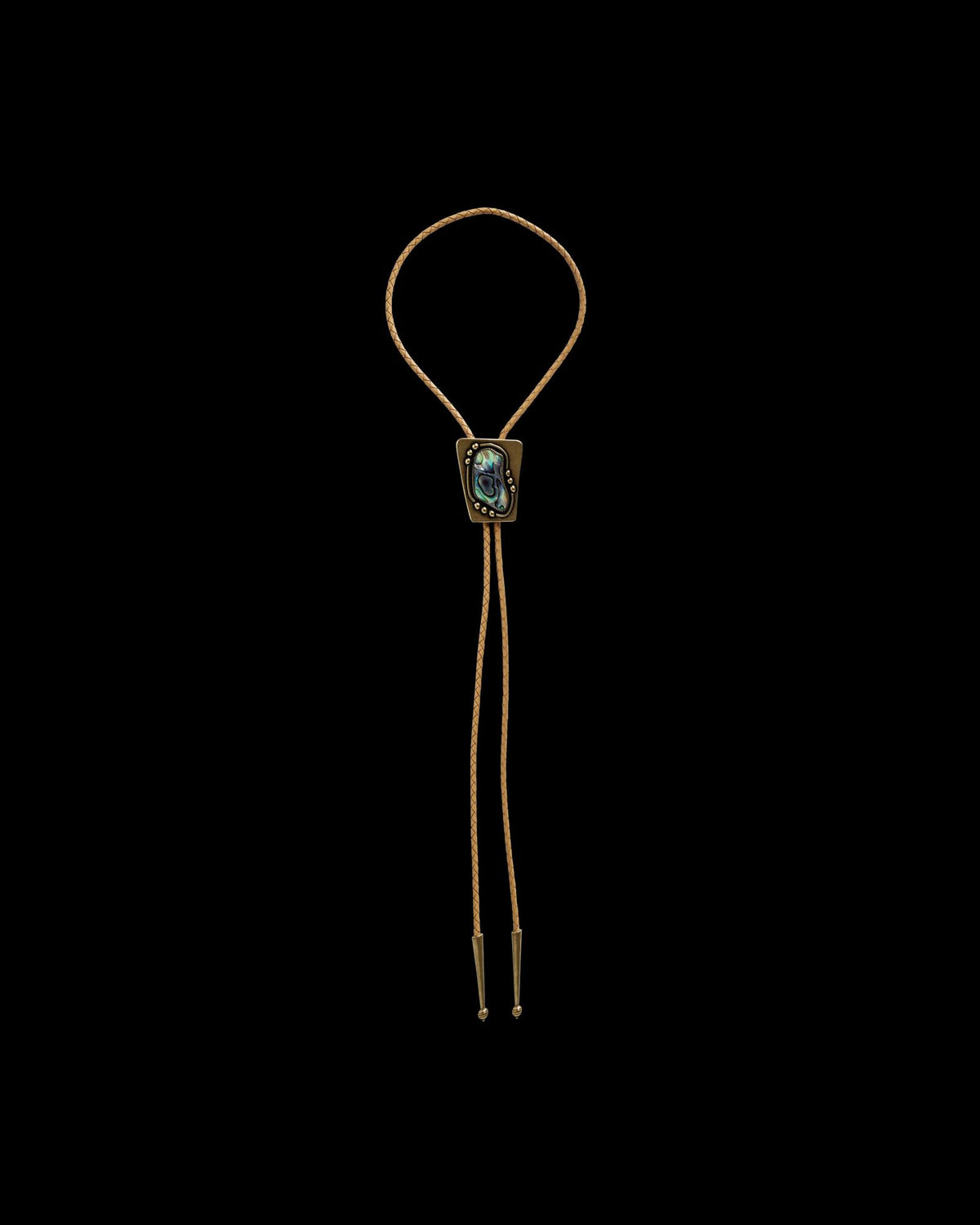 Front view of Iron Lamb Abalone Bolo - Blue / Tan on plain background