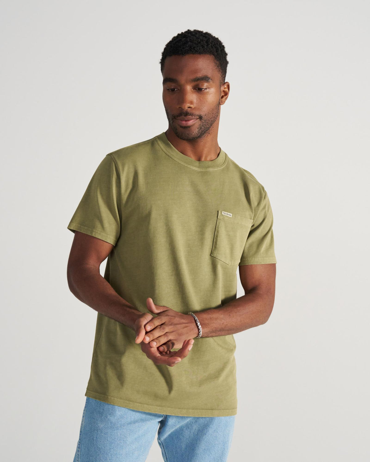 Closeup detail view of Men's Standard Issue Pocket T-Shirt - Washed Sage