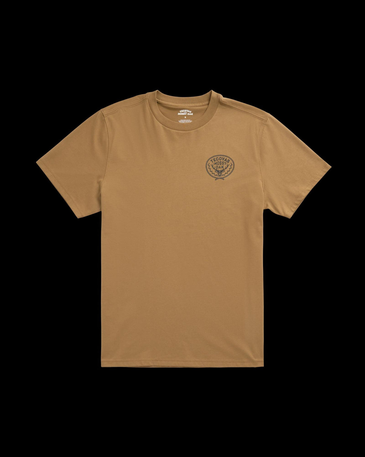 Front view of Men's Tecovas x Mossy Oak Cowboys & Deer T-Shirt - Olivewood on plain background