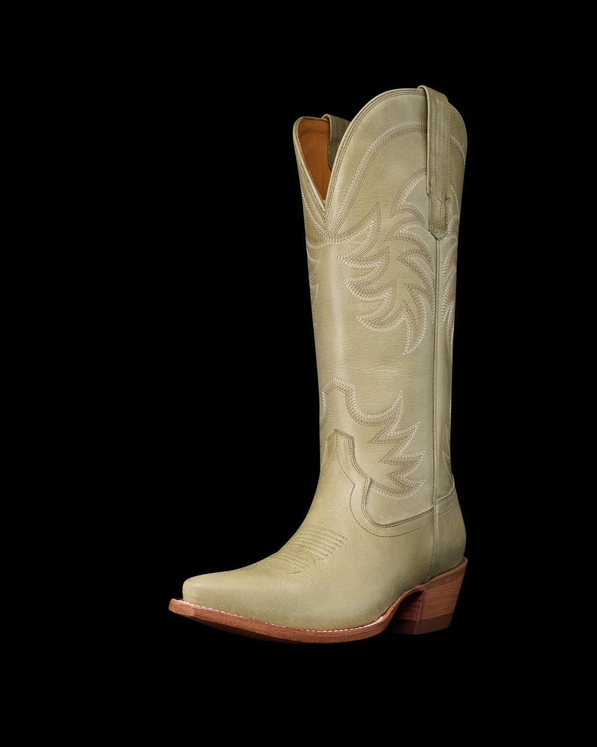 Quarterfront view of The Annie - Light Sage Cowhide on plain background