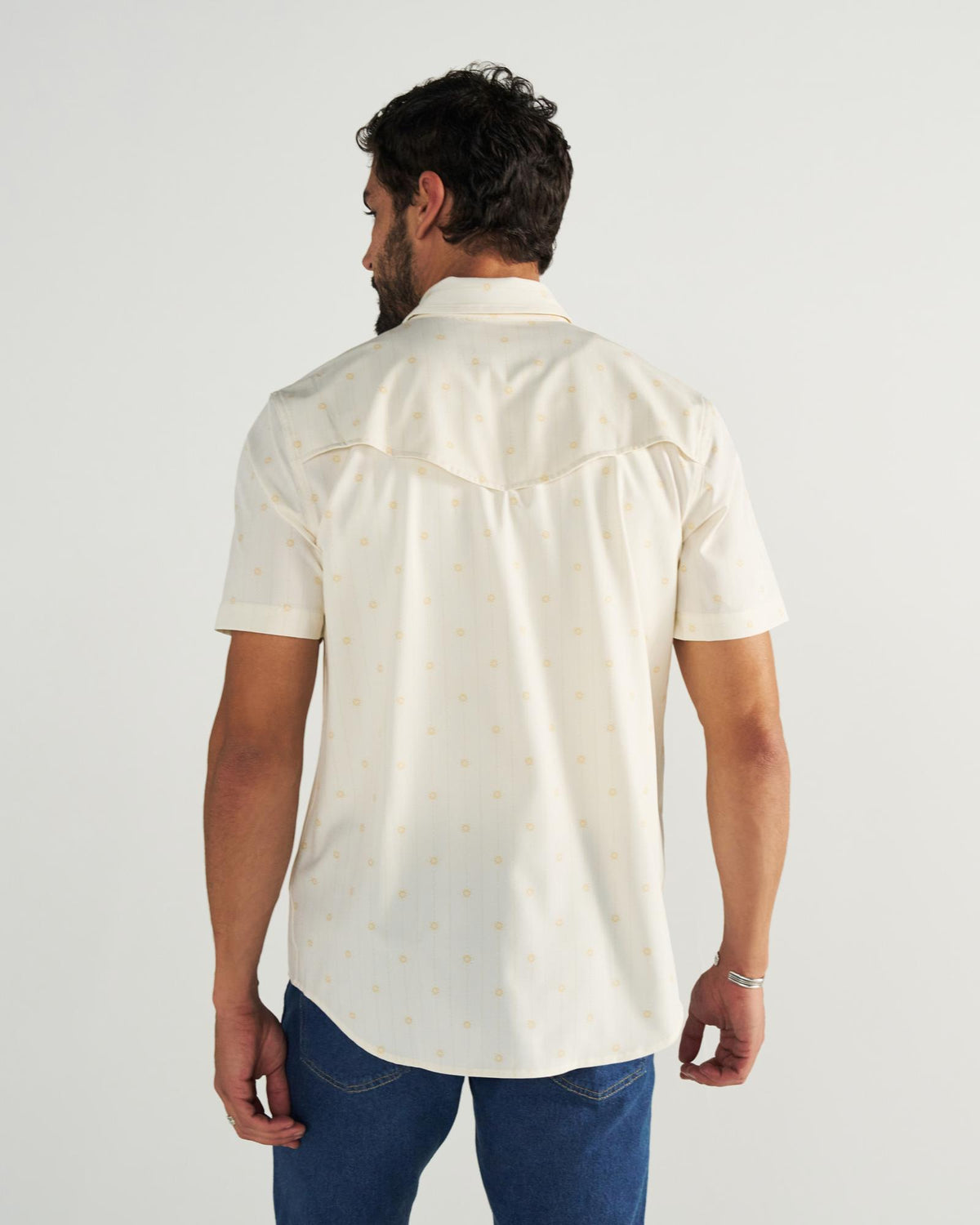 Closeup detail view of Men's Performance Western Short Sleeve Pearl Snap - Light Sand/Multi